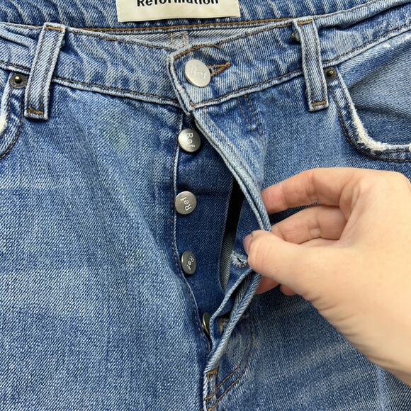 $128 Reformation Button Fly Jord Kick Flare Denim Jeans in Antigua Destroyed 31 - Picture 6 of 10